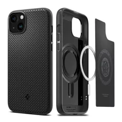   HUSĂ! - Protectie telefon din plastic SPIGEN MAG ARMOR (rezistenta la impact mediu, compatibil Apple Magsafe, model in dungi) NEGRU Apple iPhone 15 Plus