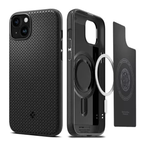 HUSĂ! - Protectie telefon din plastic SPIGEN MAG ARMOR (rezistenta la impact mediu, compatibil Apple Magsafe, model in dungi) NEGRU Apple iPhone 15 Plus