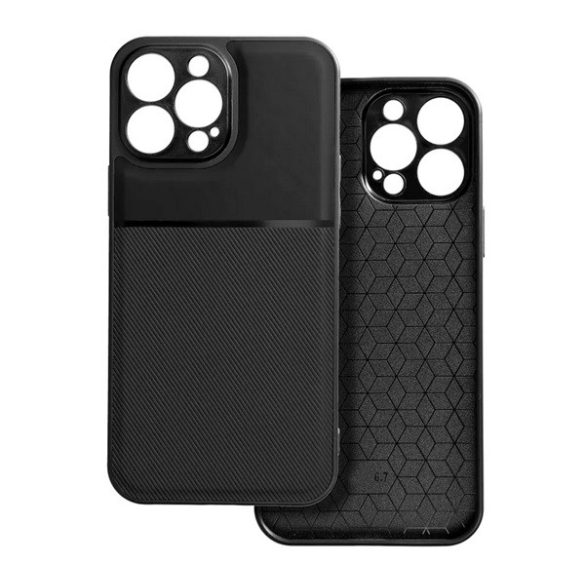 Protectie din plastic pentru telefon (cadru din silicon, rezistenta medie la impact, placa metalica incorporata, spate cu efect piele, model in dungi) NEGRU Apple iPhone 15 Pro Max
