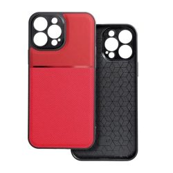   HUSĂ! - Protectie din plastic pentru telefon (cadru din silicon, rezistenta medie la impact, placa metalica incorporata, spate cu efect piele, model in dungi) RED Apple iPhone 15 Pro