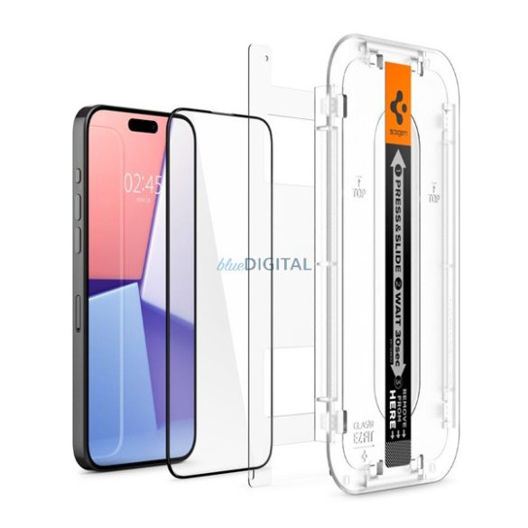 SPIGEN EZ FIT HD Screen Protector Glass (2.5D, caz-friendly, ultra-subțire, 0.2mm, 9H + Slipcover) BLACK Apple iPhone 15 Pro