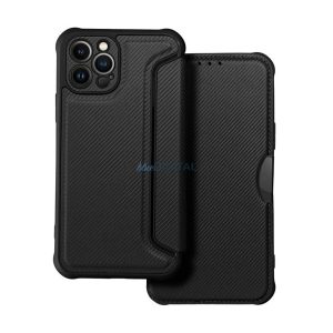 Carcasă Standing, efect piele (FLIP, deschidere laterală, rezistență la impact, călcâi cu bule, protecție cameră, model carbon) BLACK Apple iPhone 15 Pro Max