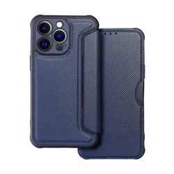   HUSĂ! - Carcasa in picioare, efect piele (FLIP, deschidere laterala, rezistenta la impact, colt cu perna de aer, protectie pentru camera, model carbon) ALBASTRU INCHIS Apple iPhone 15 Pro Max