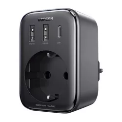   Distribuitor de rețea UGREEN 2 USB+Type-C+prize de rețea (30W, GaN, încărcător rapid PD) NEGRU