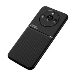   HUSĂ! - Protectie din plastic pentru telefon (cadru din silicon, rezistenta medie la impact, placa metalica incorporata, spate cu efect piele, model in dungi) NEGRU Realme 11 Pro, Realme 11 Pro Plus
