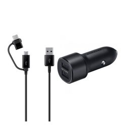   Încărcător auto SAMSUNG 2 prize USB (15W, încărcător rapid, LED + cablu Type-C/microUSB) NEGRU