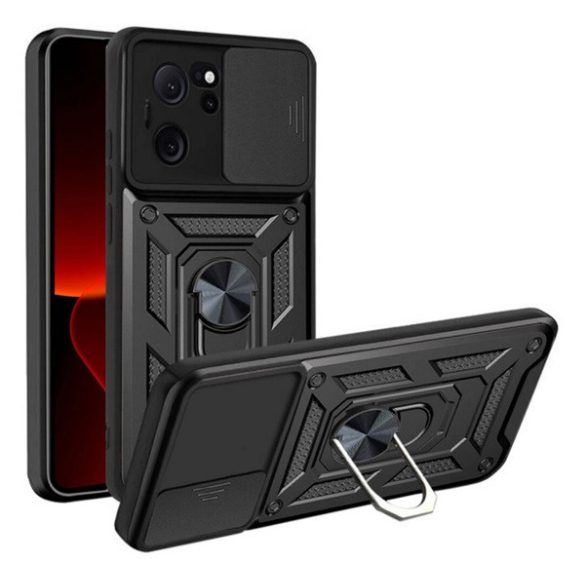 HUSĂ! - Defender protecțiede plastic pentru telefon (rezistent la impact mediu, interior din silicon, inel pentru titularul telefonului, protecție pentru cameră) negru Xiaomi 13T Pro, 13T