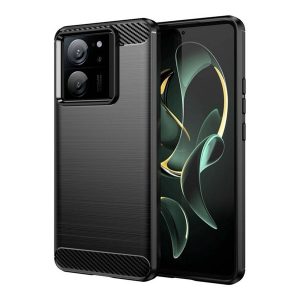 Protector de telefon din silicon (rezistență medie la impact, colț cu pernă de aer, periat, model carbon) NEGRU Xiaomi 13T Pro, 13T
