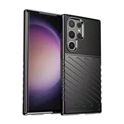   HUSĂ! - Protector de telefon din silicon (rezistent mediu la impact, cu dungi, model convex) NEGRU Samsung Galaxy S24 Ultra (SM-S928)