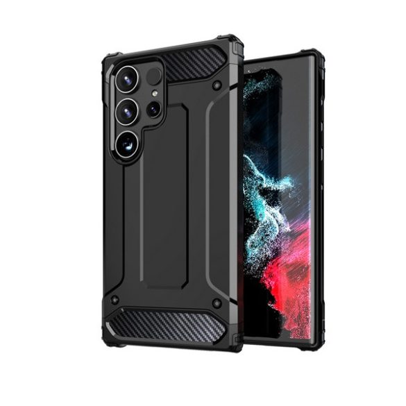 Protector de telefon din plastic Defender (rezistenta medie la impact, colt cu perna de aer, interior din silicon, efect metalic) NEGRU Samsung Galaxy S24 Ultra (SM-S928)