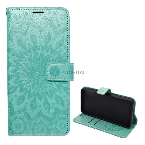 Carcasă Standing, efect piele (FLIP, deschidere laterală, desktop, curea, mandala) CYAN Samsung Galaxy A05s (SM-A057F)