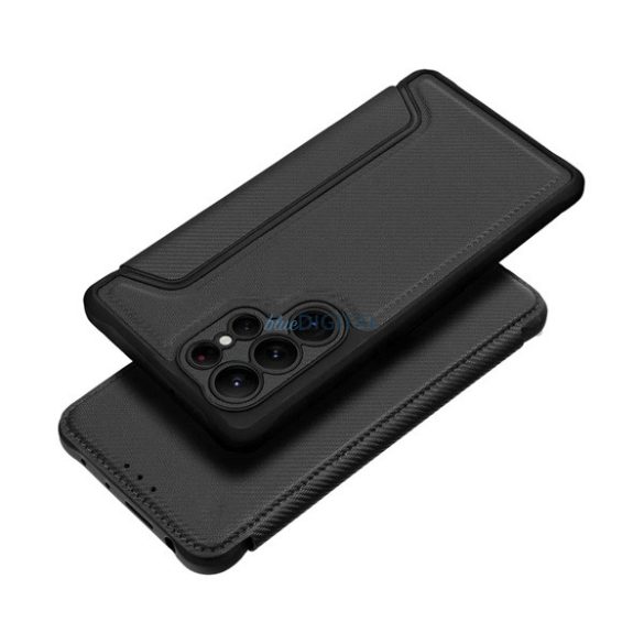 Carcasă permanentă, efect piele (FLIP, deschidere laterală, rezistență la șocuri, călcâi cu pernă de aer, protecție cameră foto, model carbon) BLACK Samsung Galaxy S24 (SM-S921)