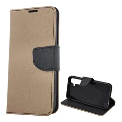   HUSĂ! - Husă stativă cu efect de piele (FLIP, deschidere laterală, suport pentru desktop, buzunar pentru carduri, efect textil) GOLD/Negru Samsung Galaxy S24 Plus (SM-S926)