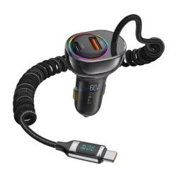   Încărcător auto USAMS cu mufă USB+Type-C (30W, încărcător rapid PD, afișaj LED, RGB + cablu fix Type-C) NEGRU