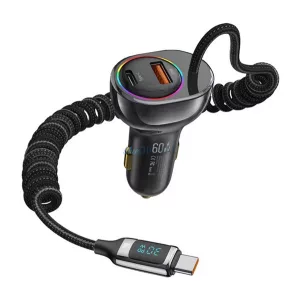 Încărcător auto USAMS cu mufă USB+Type-C (30W, încărcător rapid PD, afișaj LED, RGB + cablu fix Type-C) NEGRU