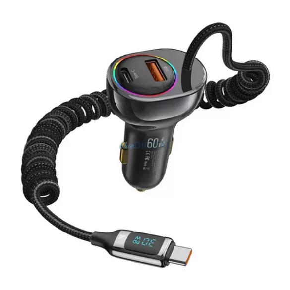 Încărcător auto USAMS cu mufă USB+Type-C (30W, încărcător rapid PD, afișaj LED, RGB + cablu fix Type-C) NEGRU