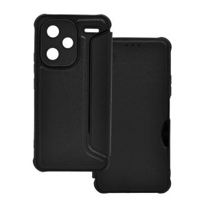 Carcasa in picioare, efect piele (FLIP, deschidere laterala, rezistenta la impact, colt cu perna de aer, protectie camera, model carbon) NEGRU Xiaomi Redmi Note 13 Pro Plus 5G