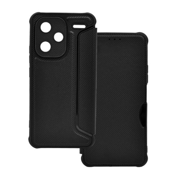 Carcasa in picioare, efect piele (FLIP, deschidere laterala, rezistenta la impact, colt cu perna de aer, protectie camera, model carbon) NEGRU Xiaomi Redmi Note 13 Pro Plus 5G