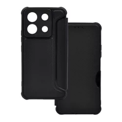   HUSĂ! - Carcasa in picioare, efect piele (FLIP, deschidere laterala, rezistenta la impact, colt cu perna de aer, protectie camera, model carbon) NEGRU Xiaomi Redmi Note 13 Pro 5G
