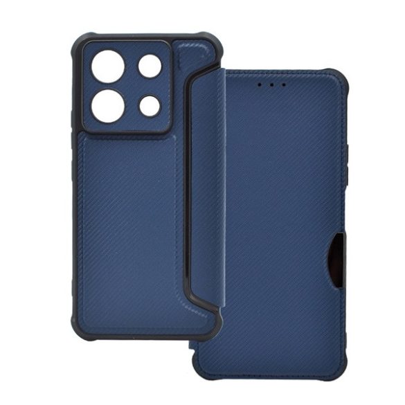 Carcasa in picioare, efect piele (FLIP, deschidere laterala, rezistenta la impact, colt cu perna de aer, protectie camera, model carbon) ALBASTRU INCHIS Xiaomi Redmi Note 13 Pro 5G