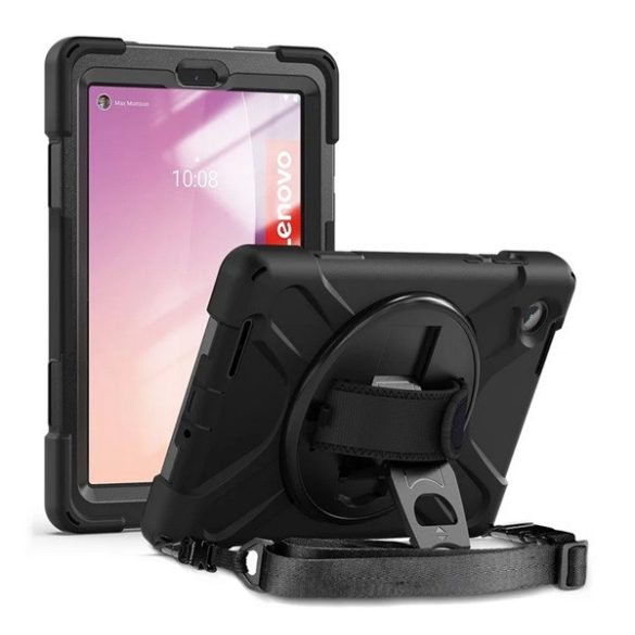 Protector de telefon Defender din plastic (rezistenta la impact, suport, 360° + curea de mana, curea de umar) NEGRU Lenovo Tab M8 Gen4 (TB300F) WIFI, Tab M8 Gen4 (TB300X) LTE