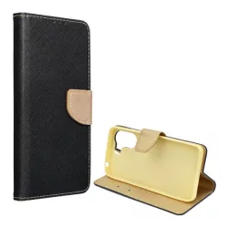   HUSĂ! - Husă în picioare, efect piele (FLIP, deschidere laterală, suport de masă, buzunar pentru card, efect textil) AUR/NEGRU Xiaomi Redmi 13C