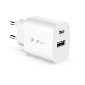Încărcător de rețea DEVIA SMART USB+Type-C (20W, încărcător rapid PD) ALB