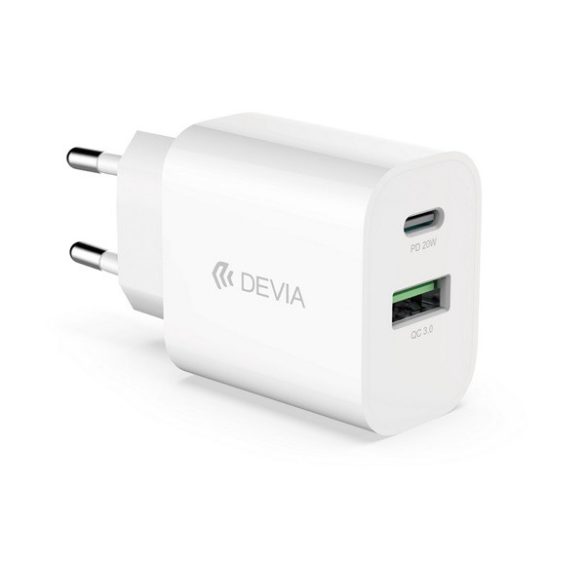 Încărcător de rețea DEVIA SMART USB+Type-C (20W, încărcător rapid PD) ALB