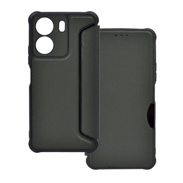 Carcasă în picioare, efect piele (FLIP, deschidere laterală, rezistență la impact, colț cu pernă de aer, protecție pentru cameră, model carbon) VERDE ÎNCHIS Xiaomi Redmi 13C
