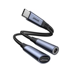   Cablu adaptor JOYROOM 2in1 (Tip-C+mufă jack de 3,5 mm - Type-C, încărcător rapid PD, șiret, DAC) NEGRU