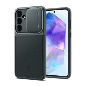 HUSĂ! - Protectie din plastic pentru telefon SPIGEN OPTIK ARMOR (cadru din silicon, protectie pentru camera) VERDE ÎNCHIS Samsung Galaxy A55 5G (SM-A556)