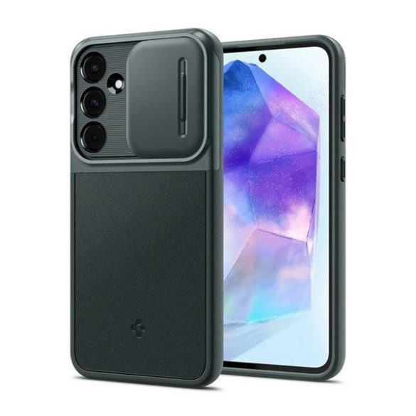 HUSĂ! - Protectie din plastic pentru telefon SPIGEN OPTIK ARMOR (cadru din silicon, protectie pentru camera) VERDE ÎNCHIS Samsung Galaxy A55 5G (SM-A556)