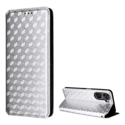   HUSĂ! - Carcasă în picioare, efect piele (FLIP, deschidere laterală, suport desktop, romb 3D complet, premium) SILVER ZTE Blade V50 Design 5G