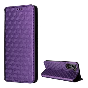 HUSĂ! - Carcasă în picioare, efect piele (FLIP, deschidere laterală, suport desktop, romb 3D complet, premium) PURPLE ZTE Blade V50 Design 5G