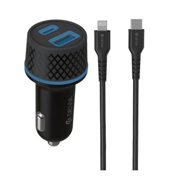 Încărcător auto DEVIA EXTREME USB+priză de tip C (52,5 W, încărcător rapid PD 3.0 + cablu lightning) NEGRU