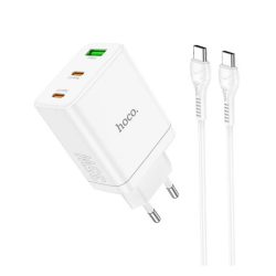   Încărcător de rețea HOCO N33 USB+2 priză tip C (35W, încărcător rapid PD 3.0 + cablu tip C) ALB