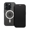 Tok álló, bőr hatású (FLIP, oldalra nyíló, kártyazseb, kameravédő, mágneses, átlátszó matt hátlap, MagSafe) FEKETE Apple iPhone 15 Pro Max