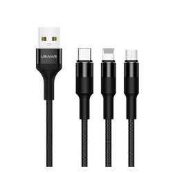   Cablu de încărcare USAMS U5 3in1 (USB - fulger/microUSB/Type-C, 2A, 150cm, șiret) NEGRU