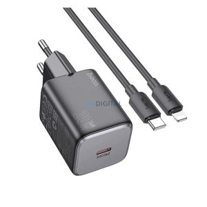 HOCO SPINNER încărcător de rețea cu priză Type-C (20W, încărcător rapid PD 3.0 + cablu Lightning) NEGRU