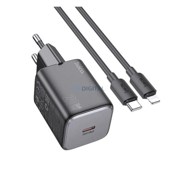 HOCO SPINNER încărcător de rețea cu priză Type-C (20W, încărcător rapid PD 3.0 + cablu Lightning) NEGRU