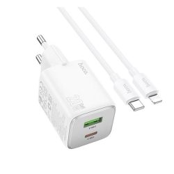   HOCO N41 încărcător de rețea USB + priză Type-C (20W, GaN, încărcător rapid PD 3.0 + cablu Lightning) ALB