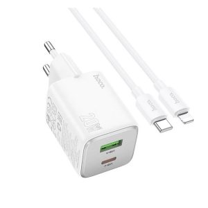HOCO N41 încărcător de rețea USB + priză Type-C (20W, GaN, încărcător rapid PD 3.0 + cablu Lightning) ALB