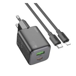  HOCO N41 Încărcător AC USB+Type-C (20W, GaN, încărcător rapid PD 3.0 + cablu Lightning) NEGRU