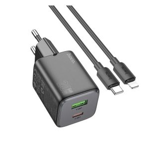 HOCO N41 Încărcător AC USB+Type-C (20W, GaN, încărcător rapid PD 3.0 + cablu Lightning) NEGRU