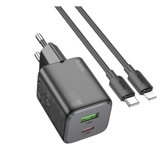 HOCO N41 Încărcător AC USB+Type-C (20W, GaN, încărcător rapid PD 3.0 + cablu Lightning) NEGRU