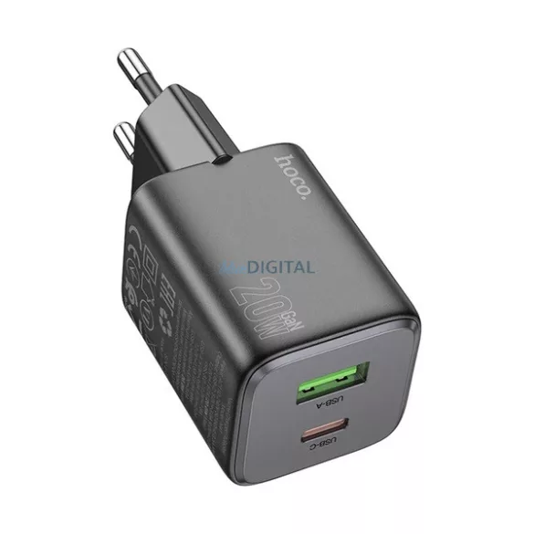 HOCO N41 încărcător de rețea USB + priză Type-C (20W, GaN, încărcător rapid PD 3.0) NEGRU