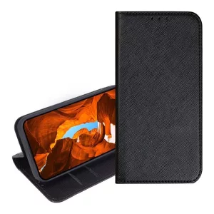 HUSĂ! - Husă în picioare, efect piele (FLIP, deschidere laterală, suport de masă, buzunar pentru card, efect textil) BLACK T Phone 2 Pro 5G