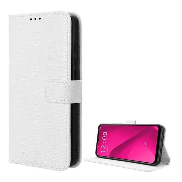 Husă în picioare, efect piele (FLIP, deschidere laterală, suport de masă, romb + curea de mână) WHITE T Phone 2 5G