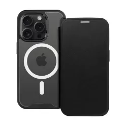   HUSĂ! - Husă în picioare, efect piele (FLIP, deschidere laterală, buzunar pentru card, protecție pentru cameră, spate magnetic, transparent mat, MagSafe) NEGRU Apple iPhone 15 Plus