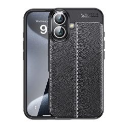   HUSĂ! - Protector de telefon din silicon (rezistenta la impact, efect piele, model de cusaturi) NEGRU Apple iPhone 16 Plus